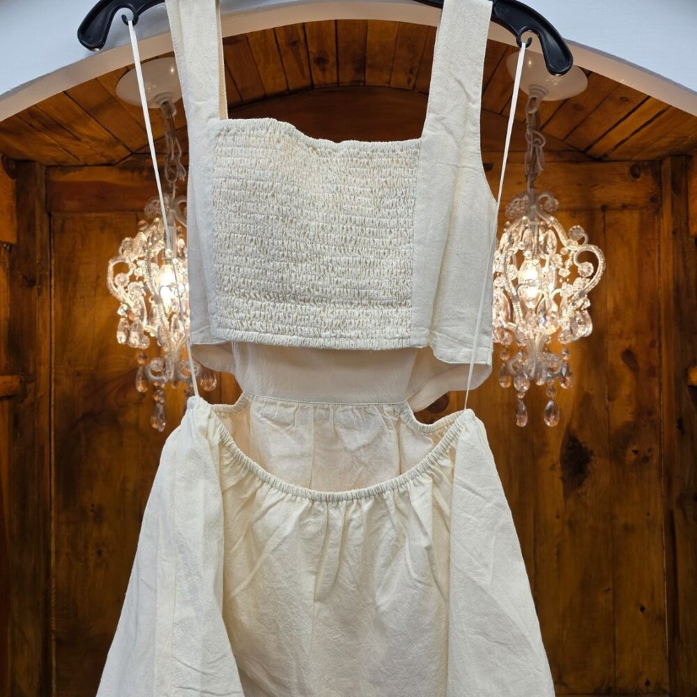 HEYSON Square Neck Crop Top | Cream Oatmeal Linen Look | Wide Strap Boho - Picture 7 of 12